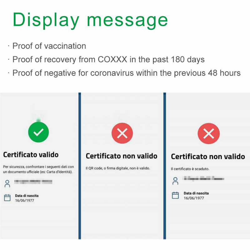 COVID 19 디지털 그린 패스포트 EU 건강 코드 리더 이탈리아 체크 그린 패스 스캐너